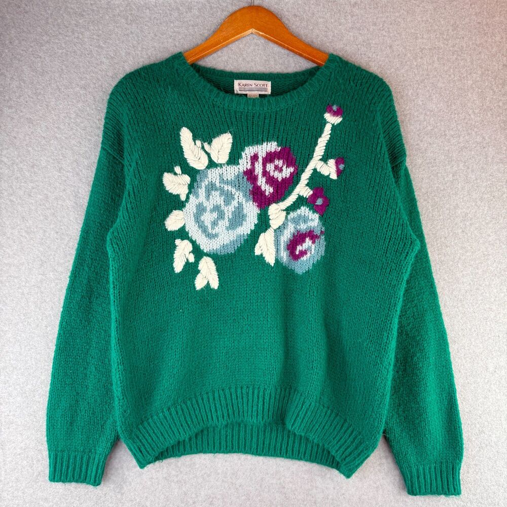 Karen Scott Mint Green Floral Grandma Cottage Long Sleeve Crewneck Sweater M - Picture 2 of 5